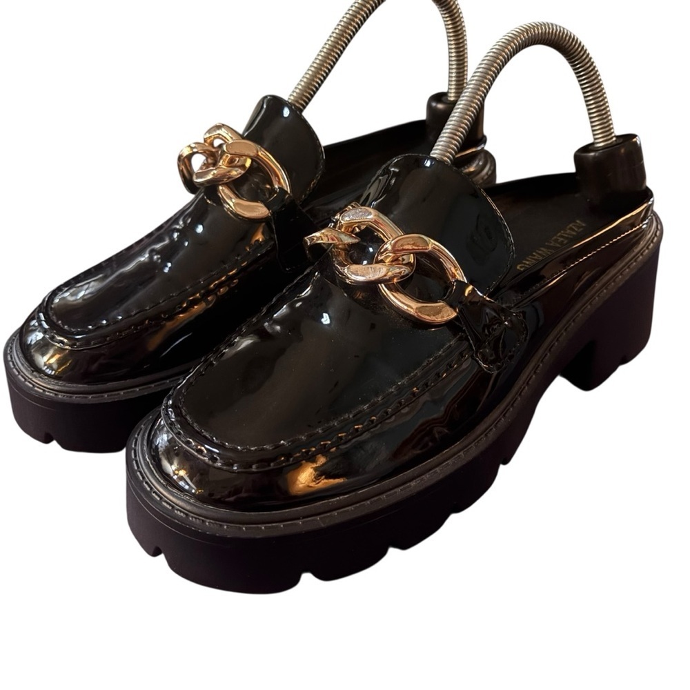 Azalea Wang Peggy Black Vegan Patent Leather Flatform Oxfords  – Women’s Sz 10